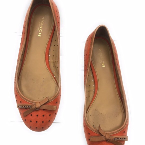 Coach Daisey Perforated Suede/Veg Leather Papaya Red Orange Slip Ons Flats - Picture 1 of 6